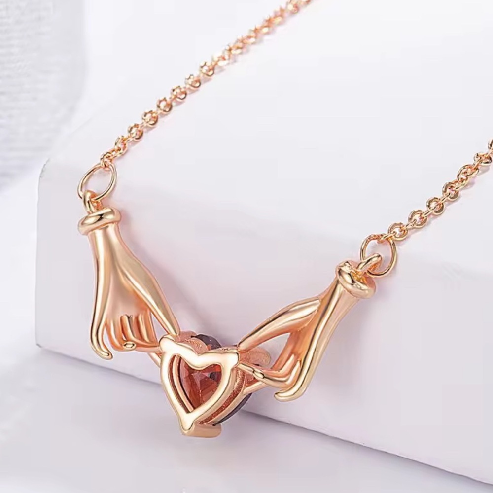18K Gold Plated Claddagh Inspired Hands Holding Gemstone Heart Necklace - Picture 7 of 8